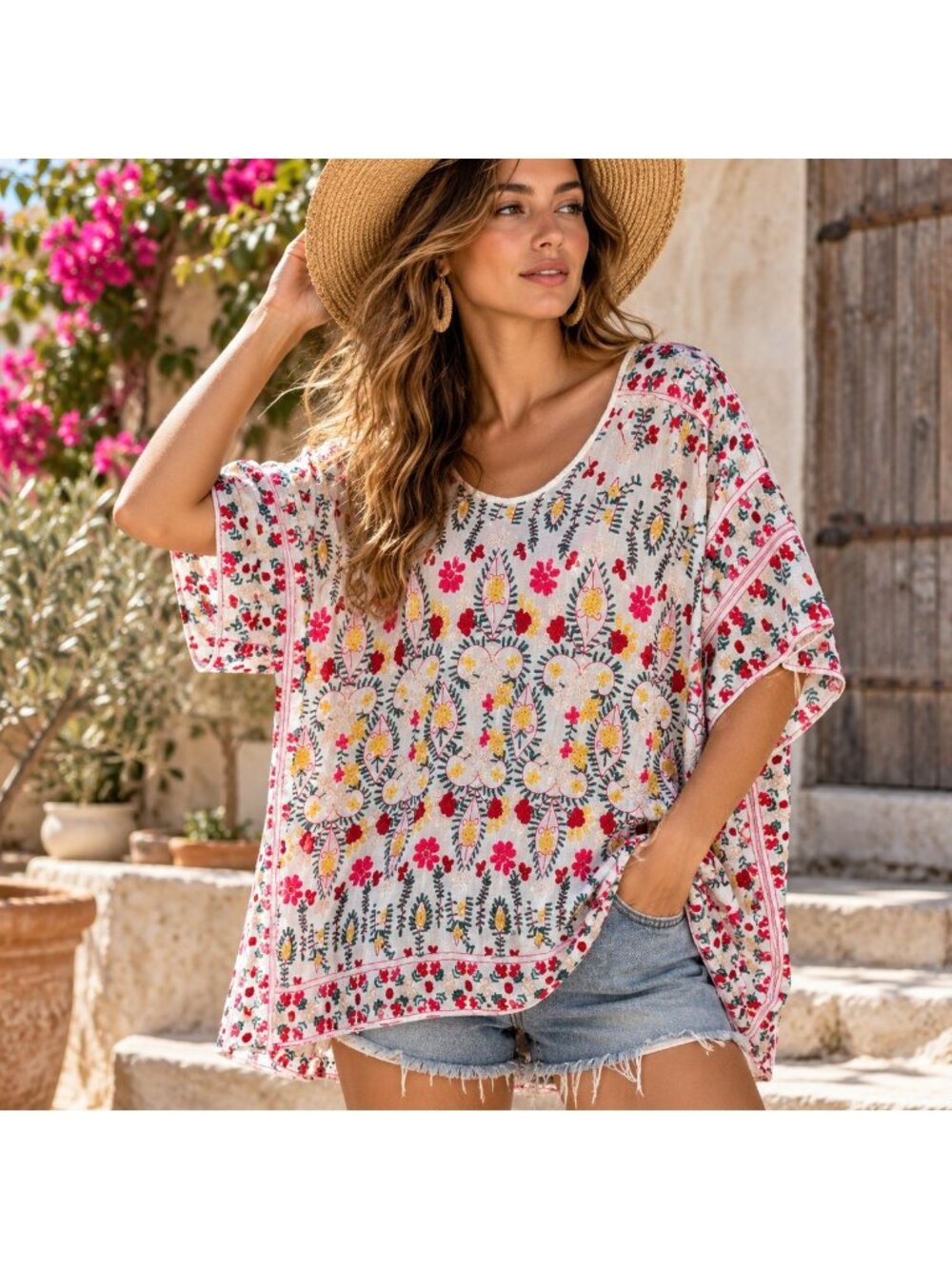 Johnny Was Floral Embroidered Tunic Top L Boho Oversized Sz L Peasant Artisan